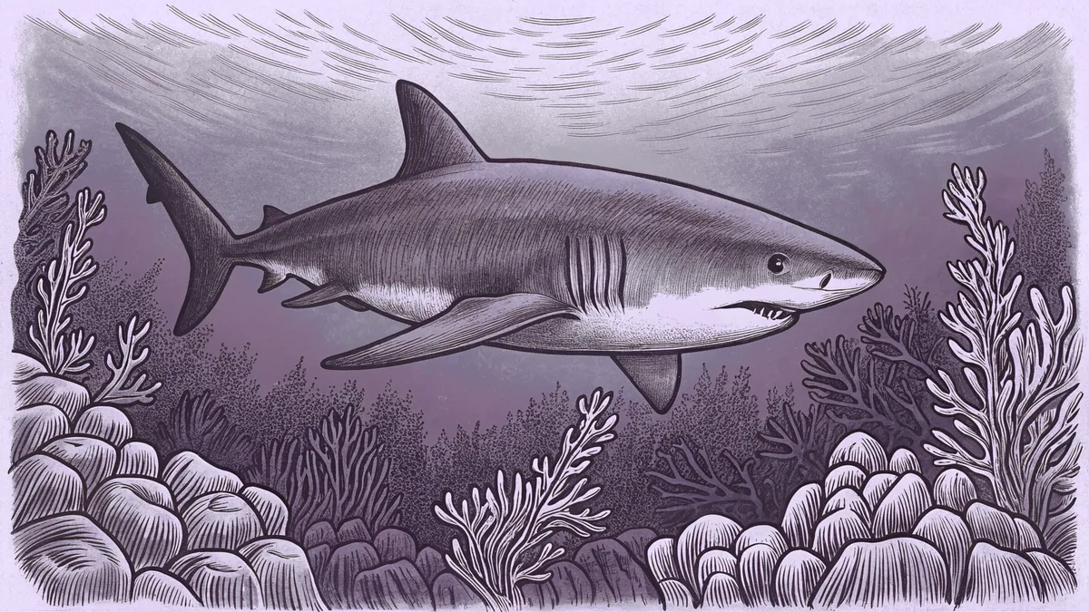 A large shark glides through crystalline blue waters past an island shore.