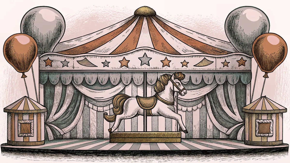 A carousel horse stands beside balloons and a music box on a carnival display.