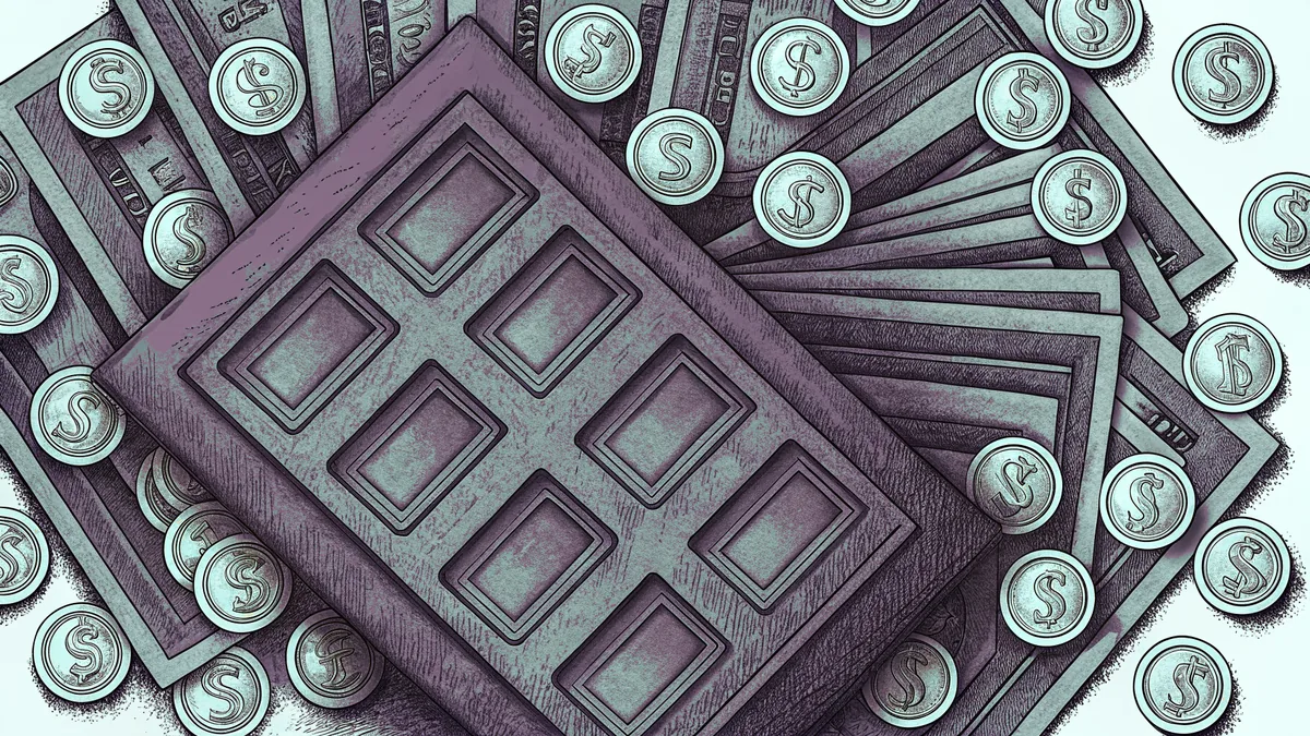 Calculator and blank financial ledger surrounded by various coins and paper currency on a work desk.