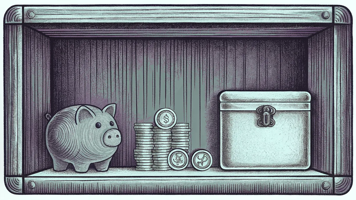 A ceramic piggy bank shares a shelf with stacked coins and a small locked tin box.