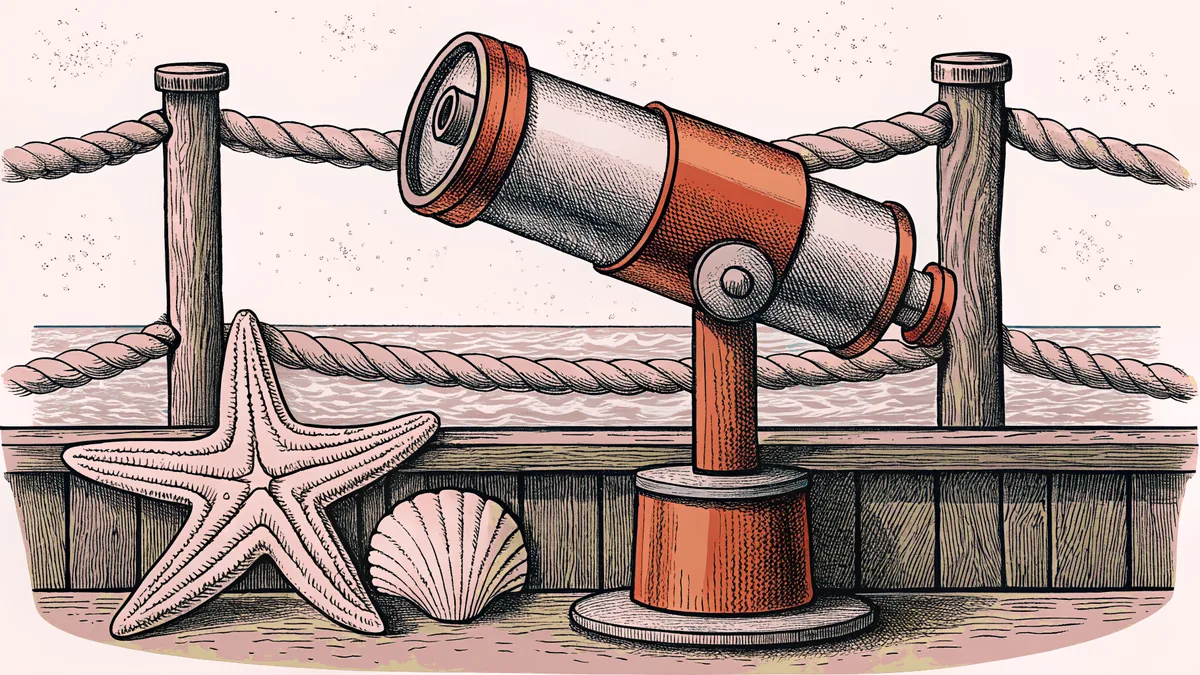 A telescope on weathered driftwood faces the ocean, surrounded by seashells and coral.