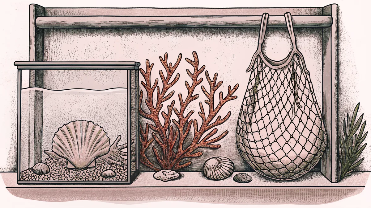An aquarium and fishing net display shells and coral specimens on a blue backdrop.