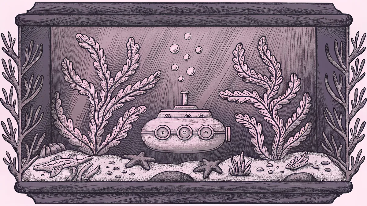 Coral branches lean against a model submarine with scattered pearls displayed in a glass aquatic diorama.