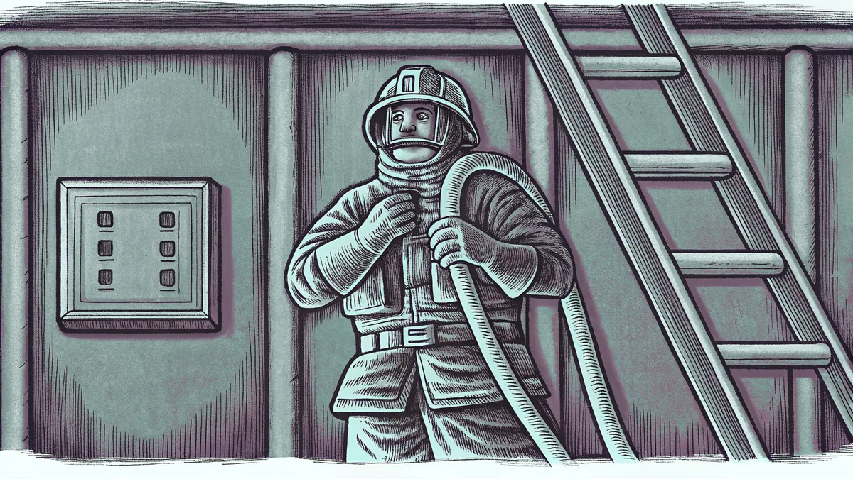 A firefighter in full gear with a hose and ladder ready for action.