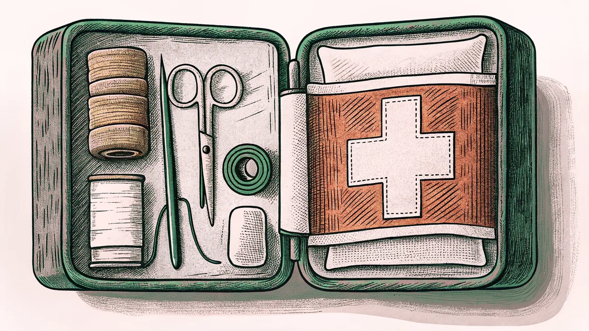 First aid supplies organized in an open medical kit