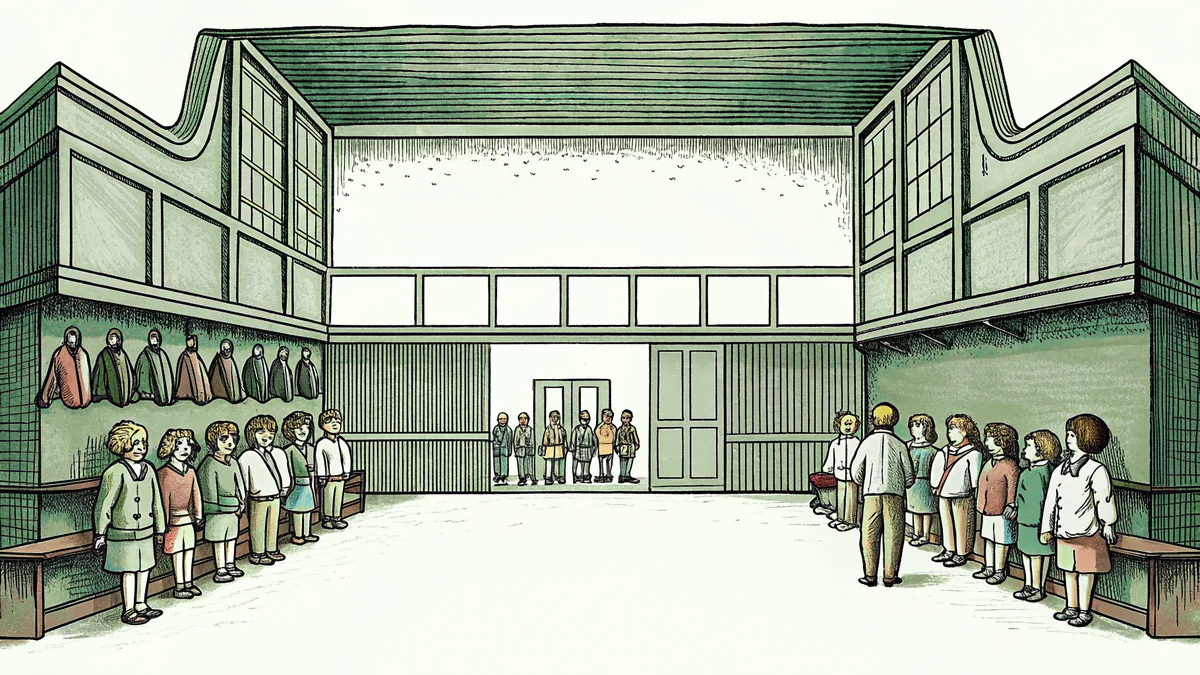 School uniforms hang on hooks beside nametags, schedules, and a forming queue.