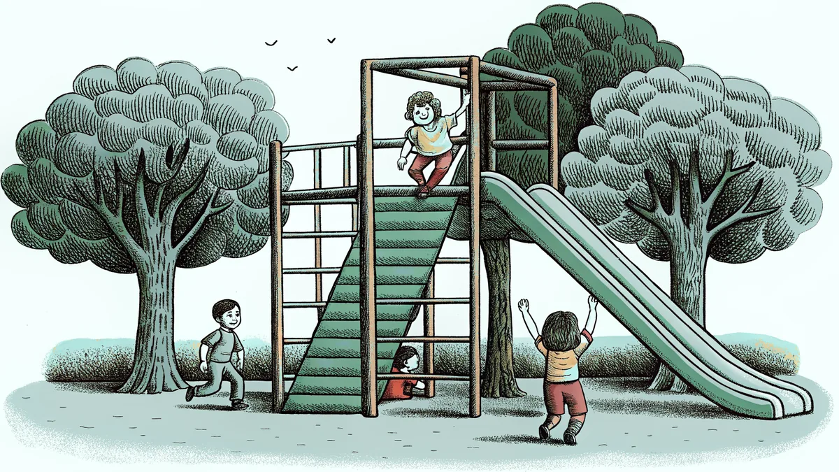 Children play and jump together on a sunlit playground.