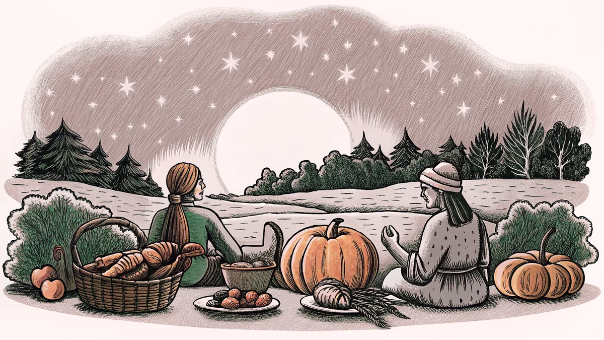 Wampanoag and pilgrim families feasting together outdoors with traditional harvest foods spread before them.