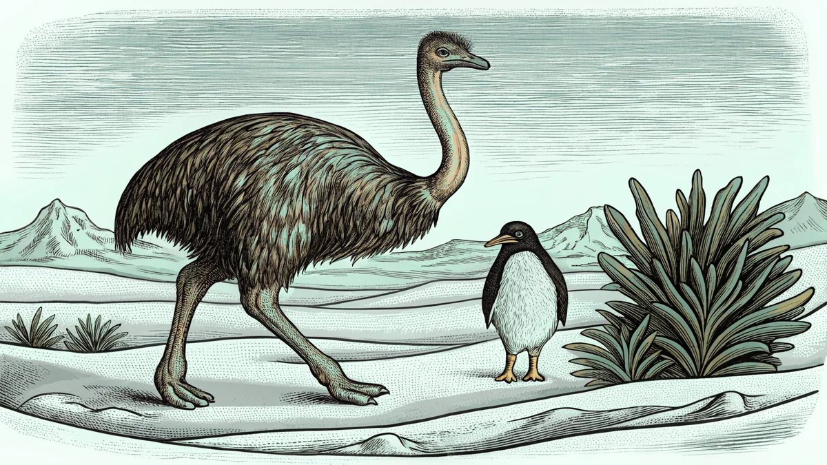 An ostrich walking across grassland beside a penguin on an icy Antarctic landscape.