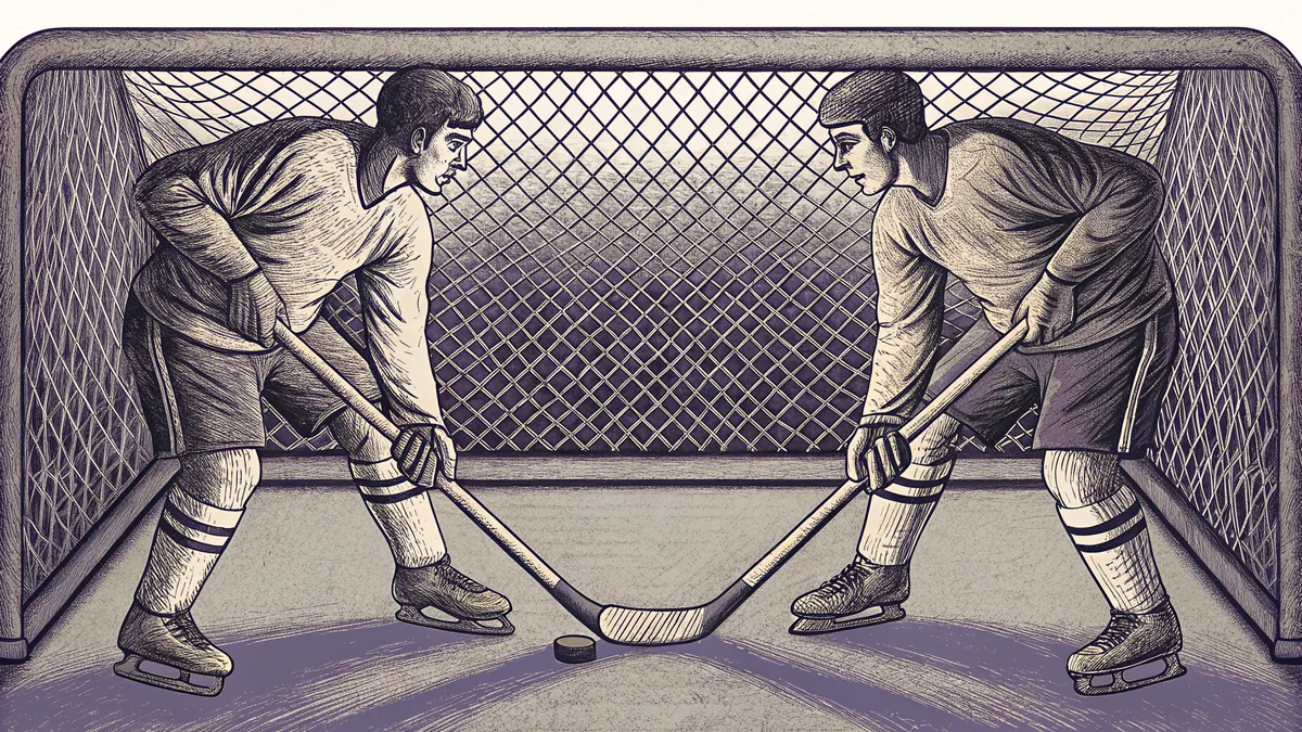 Floor hockey players on an indoor court with a stick, puck, and goal net during an active match.