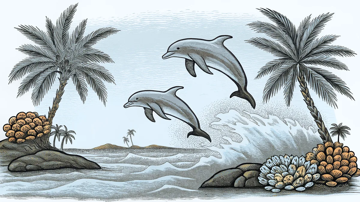 Dolphins jumping over coral reef with orange blossoms and palms on the beach.