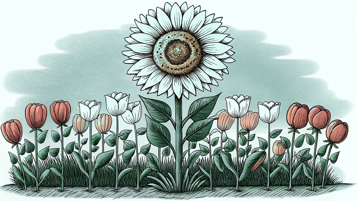 A tall sunflower rising above a garden of tulips and roses.