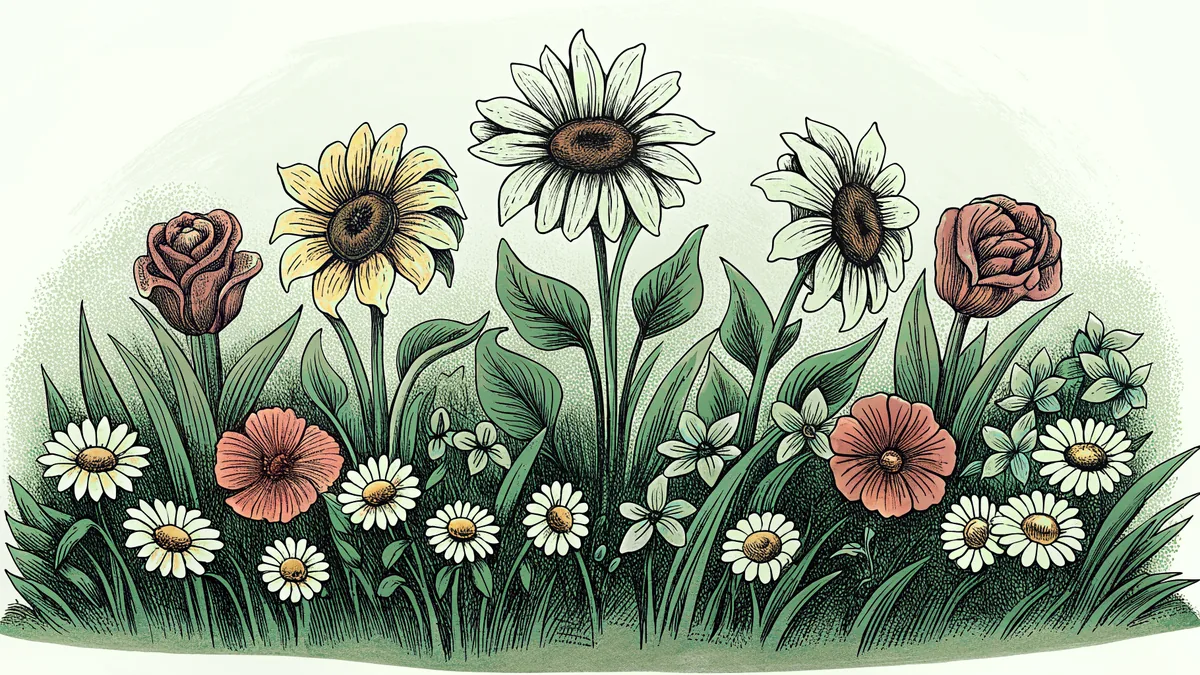 Bright sunflower towering over roses, irises, and daisies blooming in a garden.