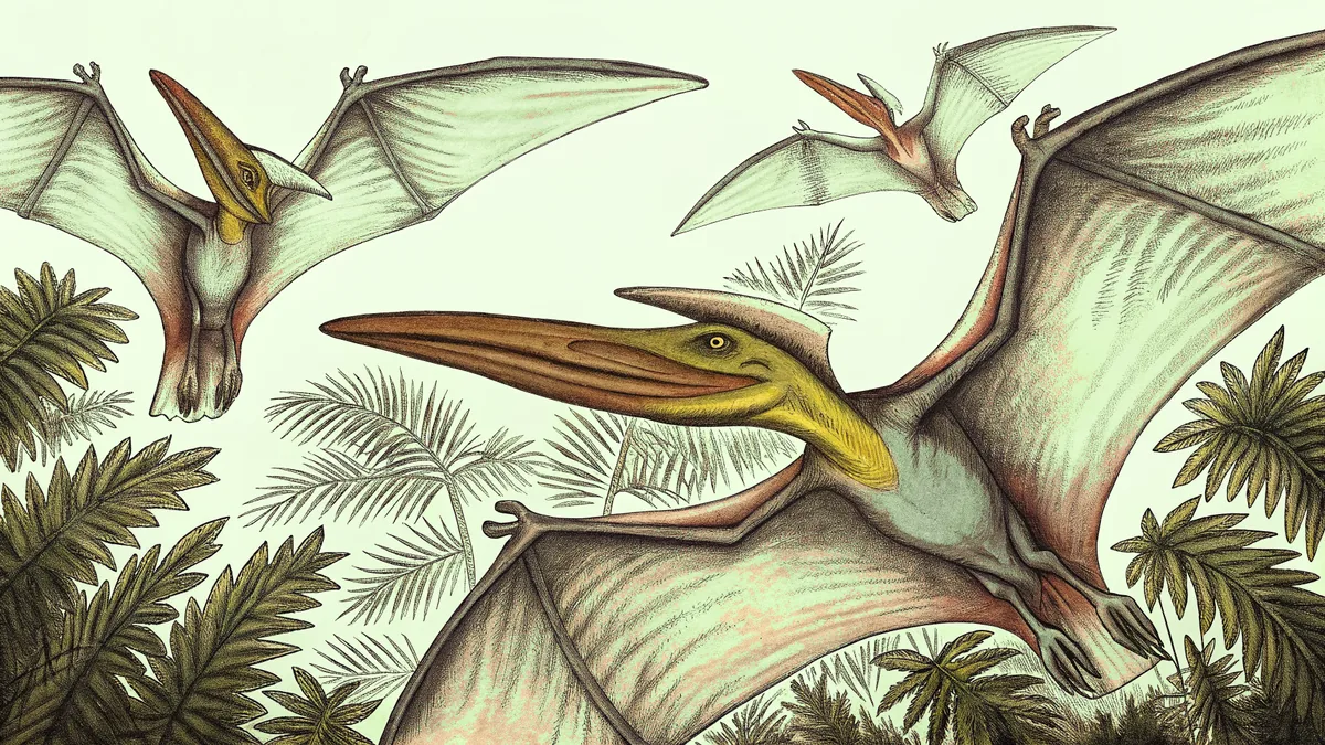 Winged prehistoric reptiles soaring through ancient sky.