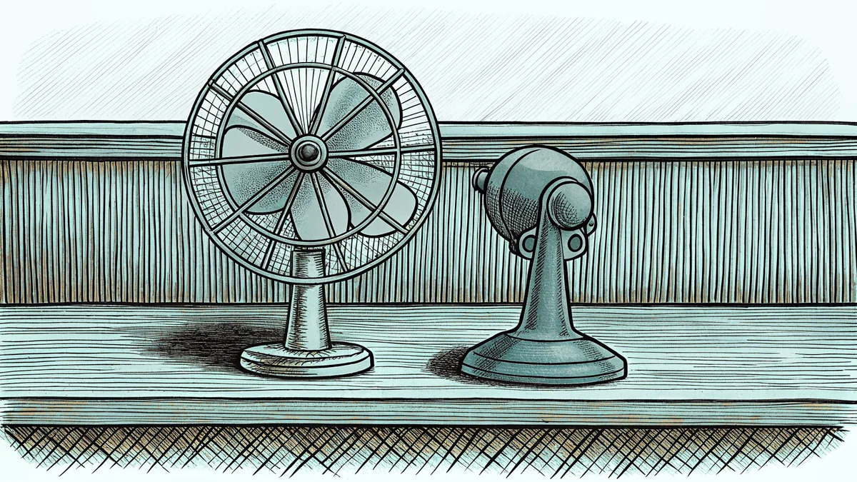 A pedestal fan standing beside a domed metal fixture on a stand.