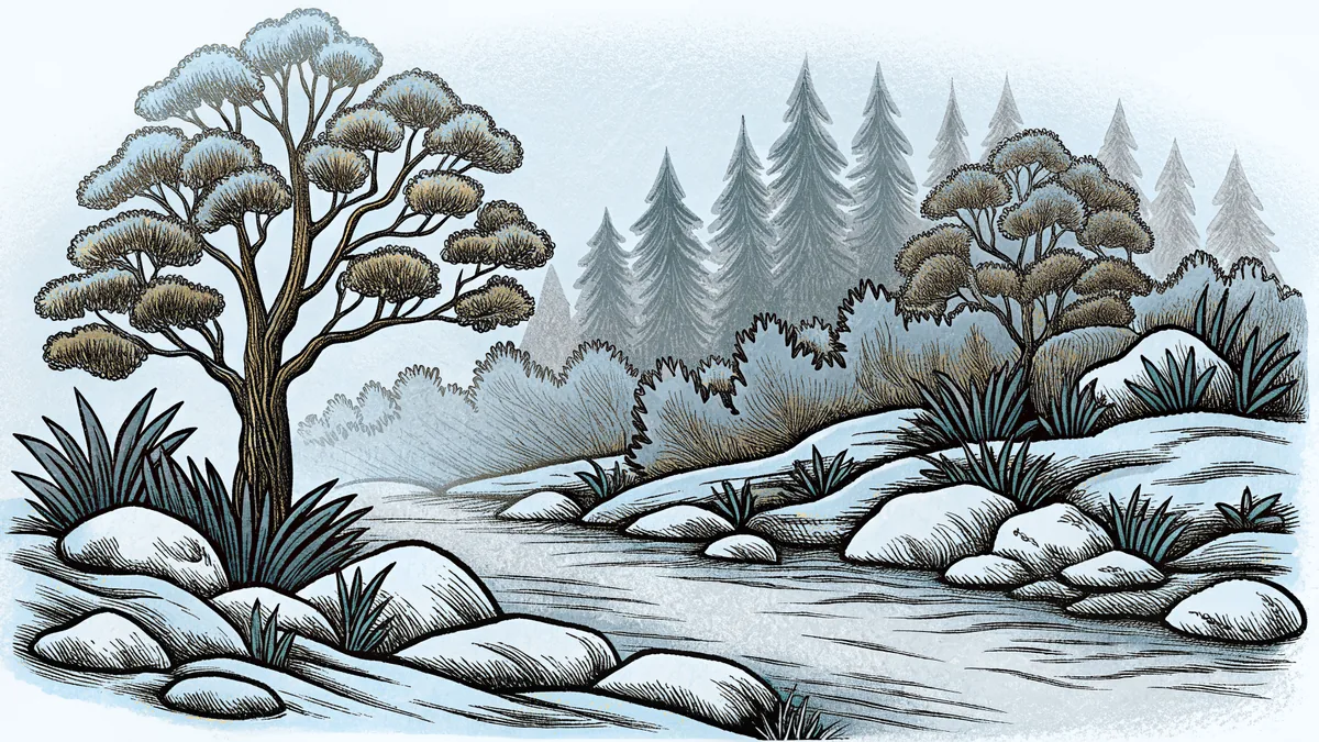 Foggy forest scene with mist rising from trees, dewdrops, and reduced visibility.