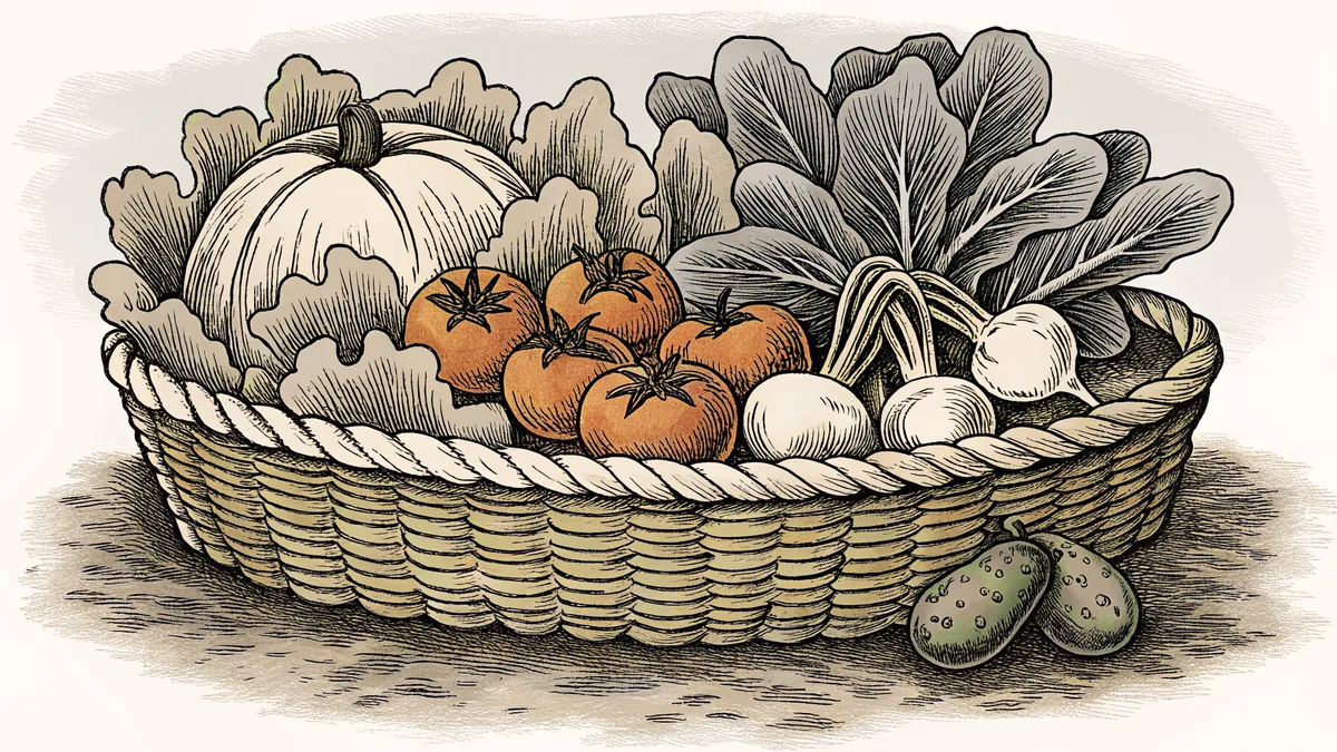 Fresh-harvested vegetables including tomatoes, lettuce, and radishes on dark garden soil