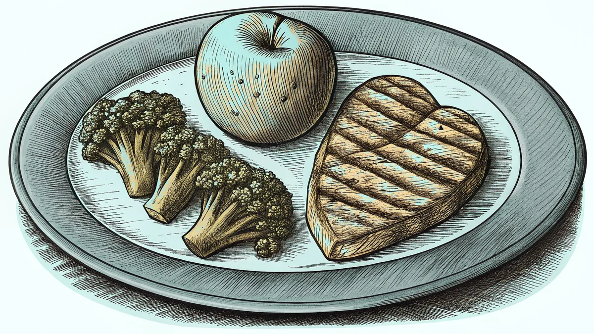 Fresh fruits, whole grains, poultry, and vegetables represent balanced nutritional food groups.