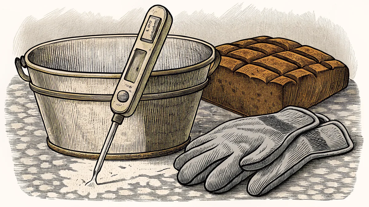 A probe thermometer rests in a chilled cut of meat next to a sanitizing bucket and a pair of gloves.