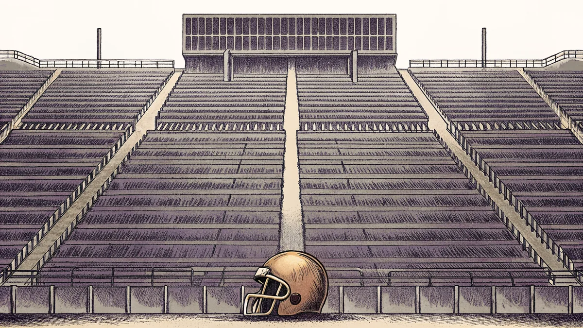 Football field with equipment and stadium seating.