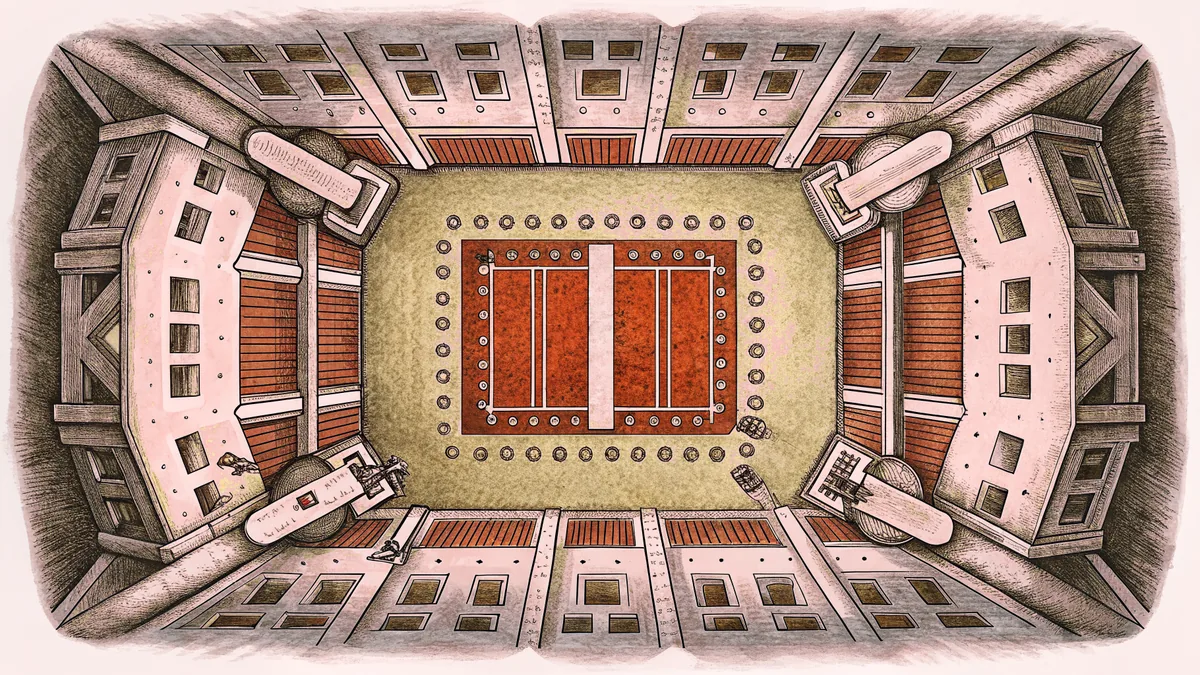 Huddled on the field, football players prepare for the next play