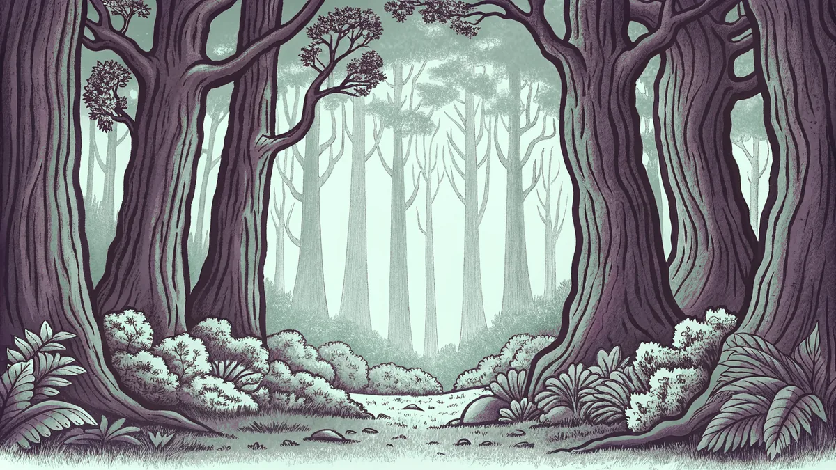 Woodland scene with layered vegetation from forest floor upward