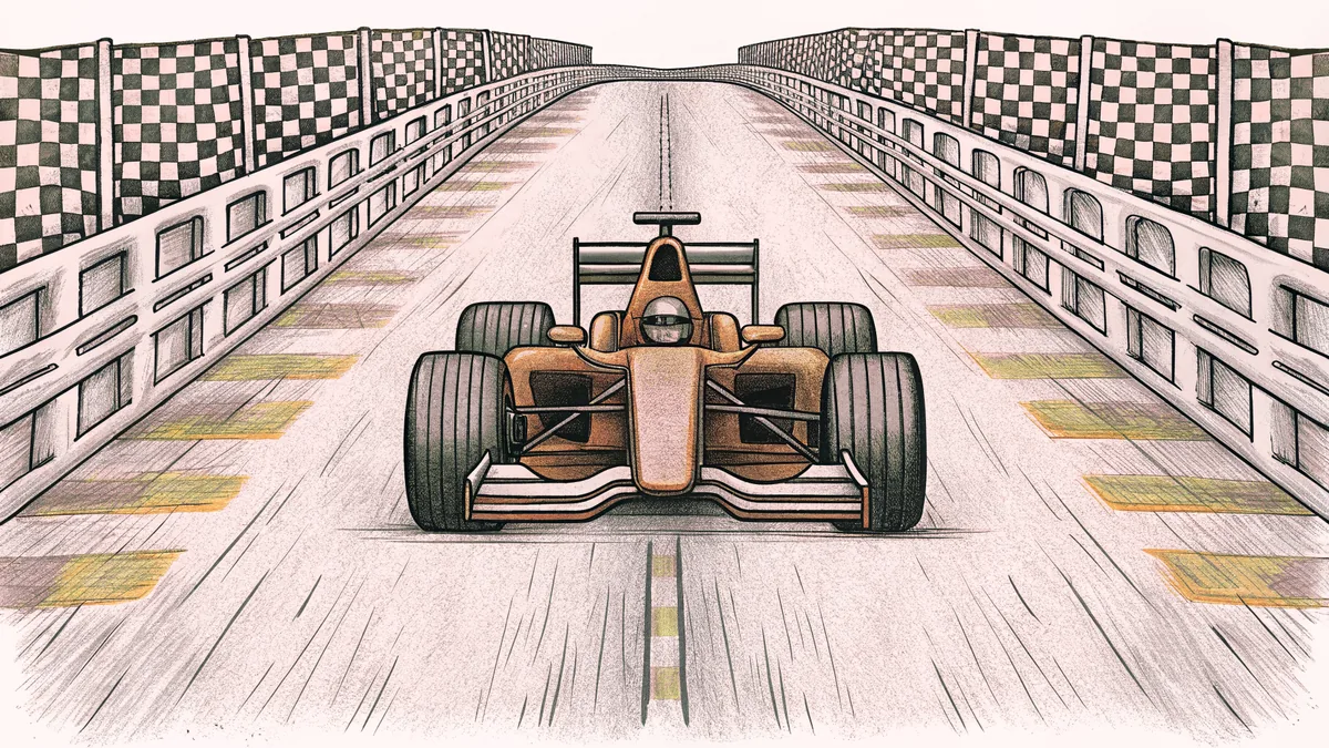 A formula one car races on a wet track with painted barriers and skid marks.