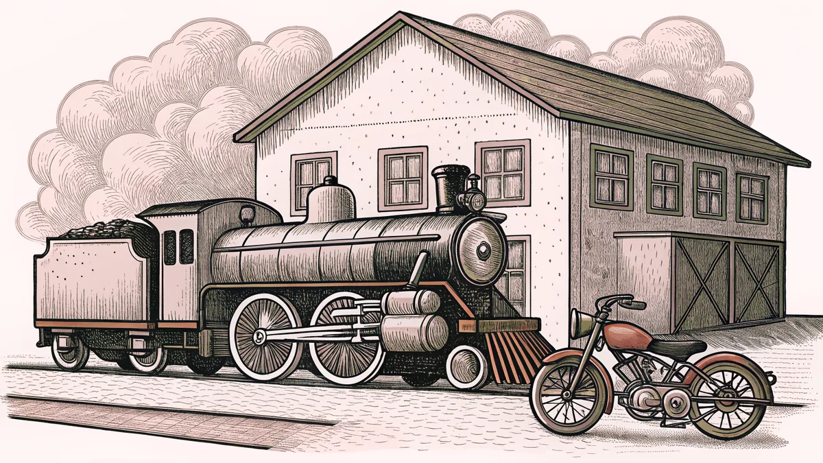 A vintage locomotive stands parked beside an old bicycle and motorcycle.