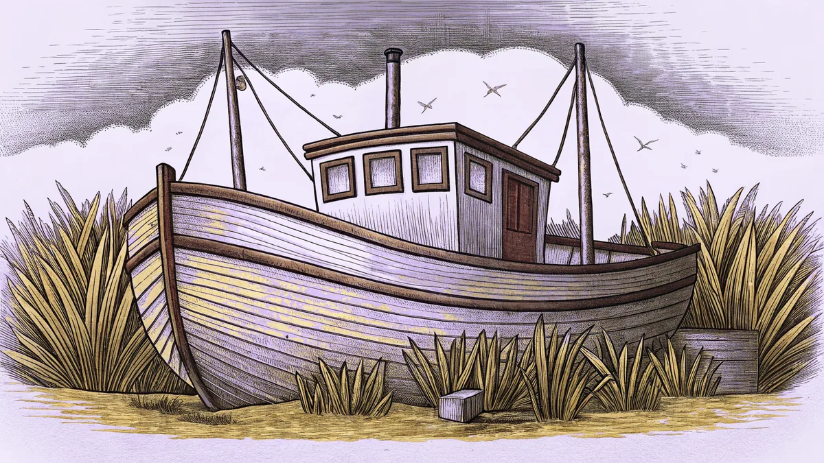 A weathered shrimp boat docks beside a grassy field under southern skies.