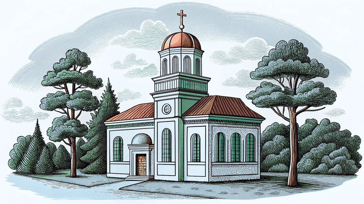 A historic church rises above gardens and a peaceful marshland with soaring eagles