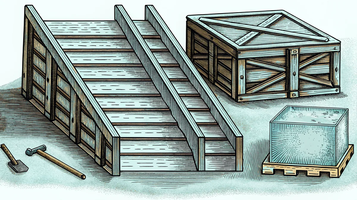 Half-built wooden ramps beside a pickaxe and a softly glowing crate.