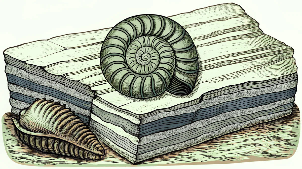 An ammonite fossil embedded in shale layers with a nearby trilobite imprint