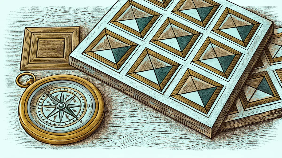 A compass and geometric shapes on a work surface.
