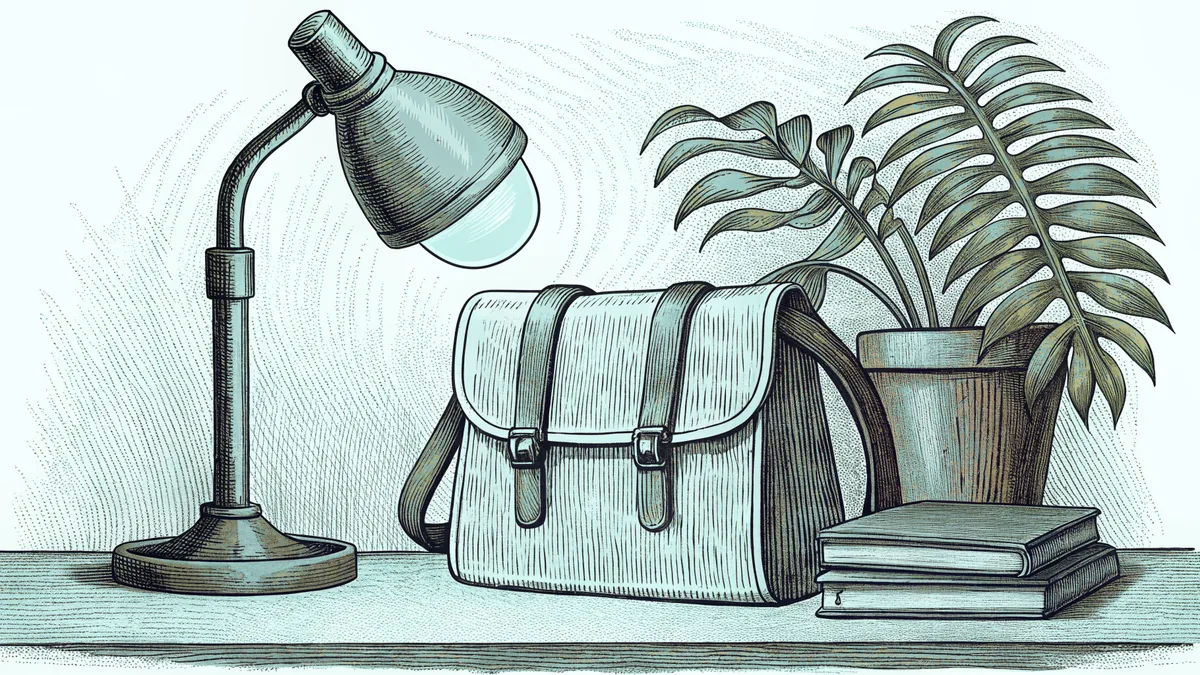 A brass desk lamp glows over a wooden chair and a canvas satchel in a quiet study corner.