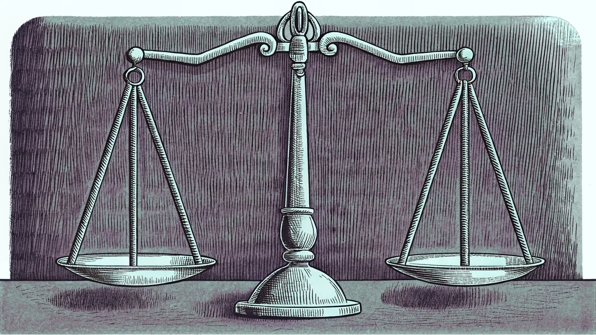 A brass balance scale displays colored counters representing equal fractions.