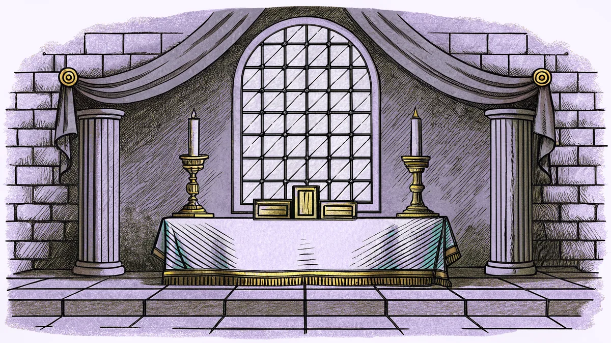 A candlelit laboratory contains brass coils and a storm window.