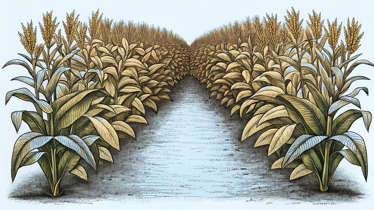 Tobacco and corn plants grow in the Frankfort, Kentucky countryside.