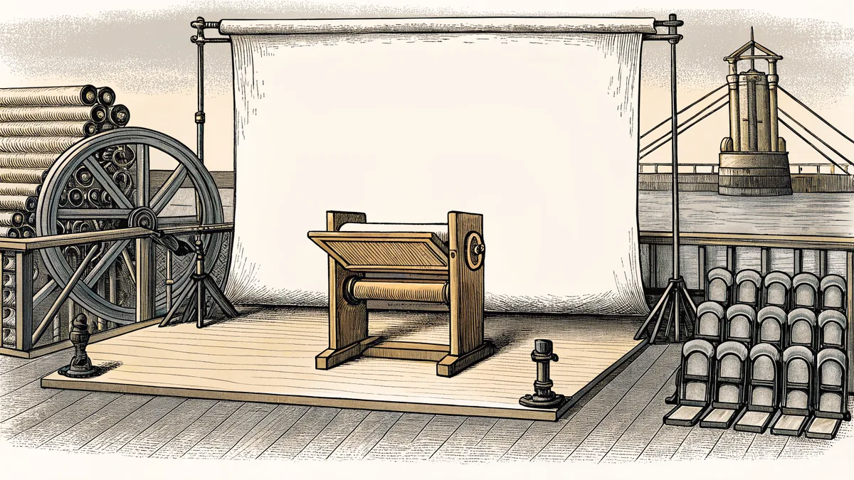 A wooden lectern stands in an empty hall, with a printing press and a harbour visible at dawn.
