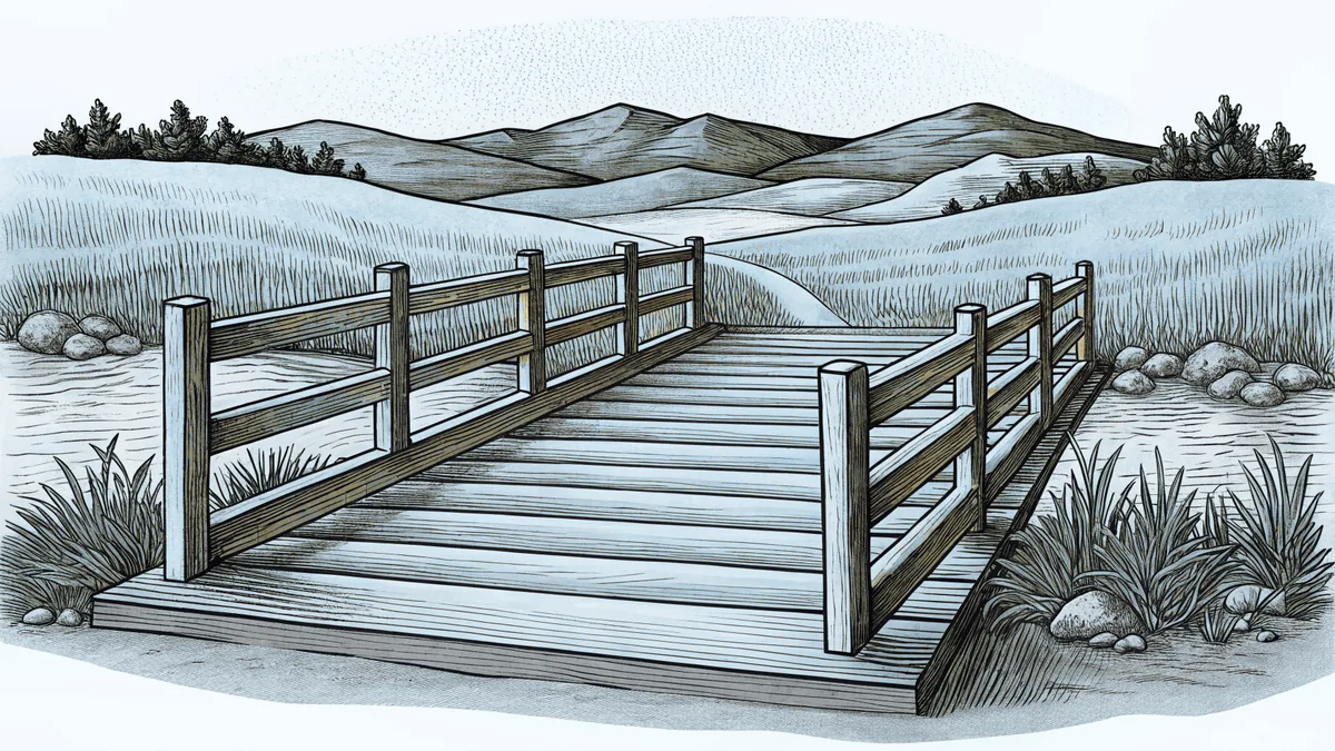 A covered bridge arches over a stream with rolling hills and distant mountain peaks