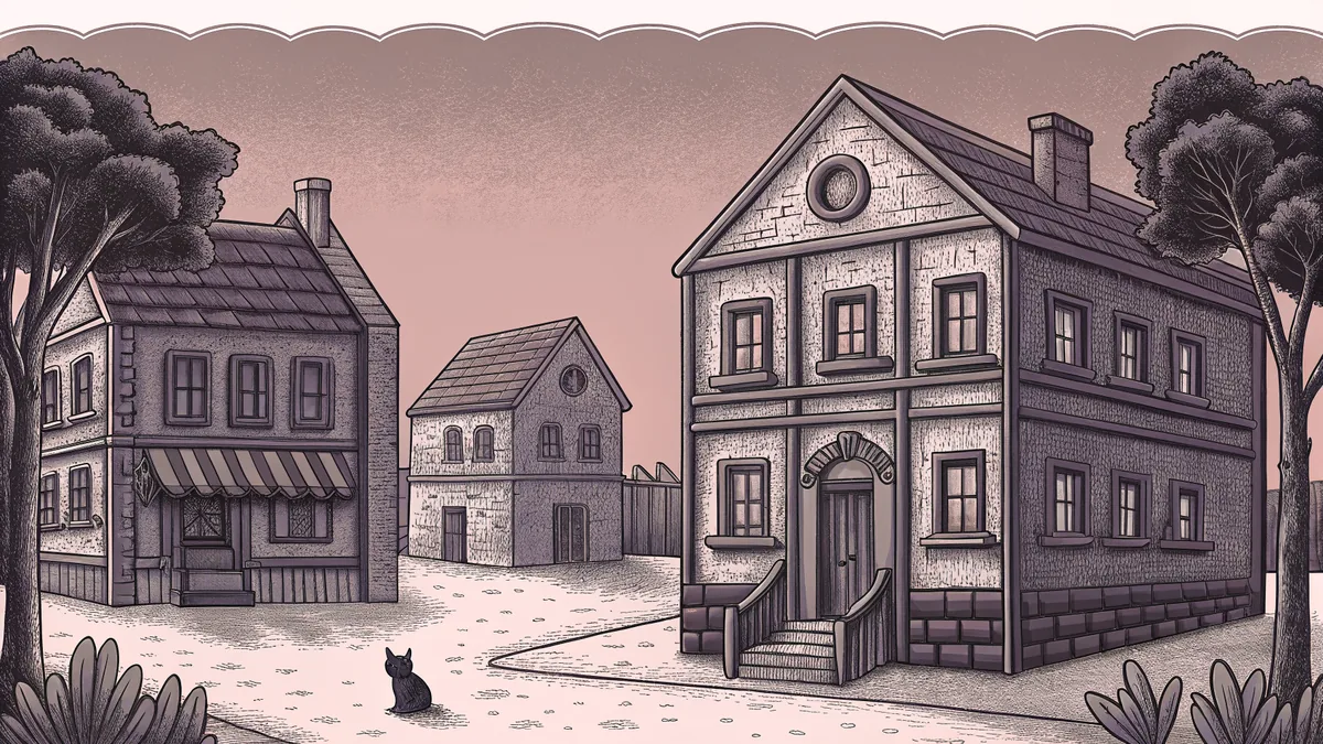 A French village scene with schoolhouse, bakery, home, and a cat