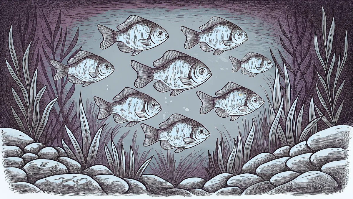Colorful freshwater fish swim among water plants and rocks in a river.