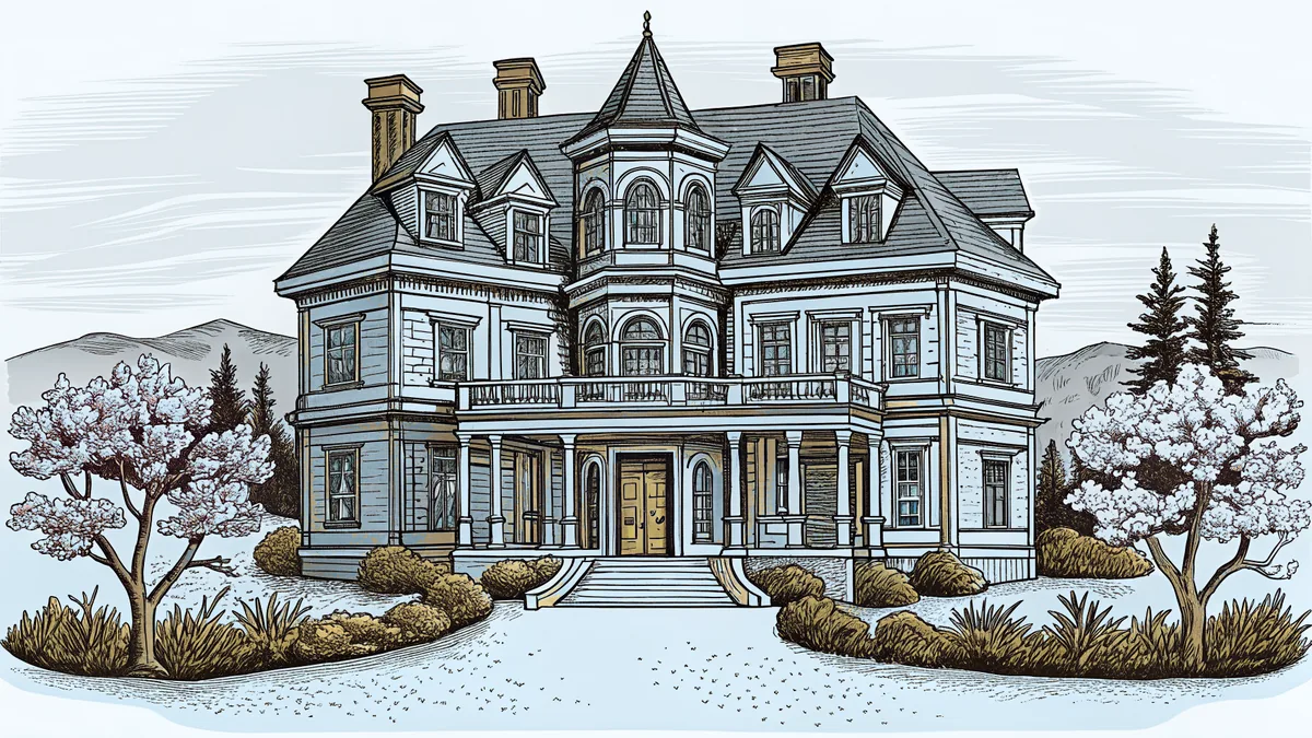 A historic mansion stands amid flowering trees with a zoo and mountains visible beyond