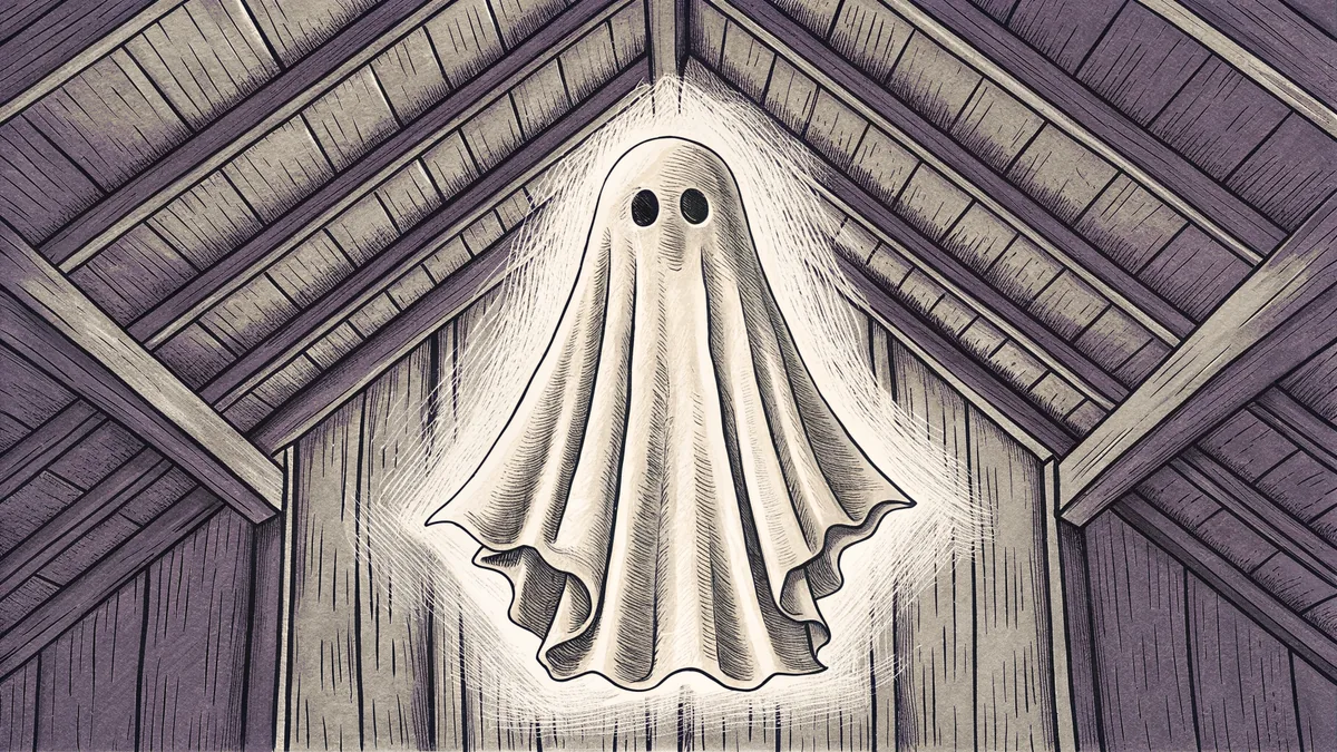 A gentle ghost in white sheet glimmers while floating through an attic