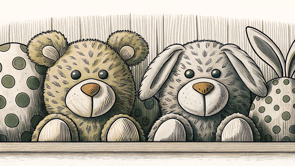 Shelf displaying soft plush toys with fuzzy textures, spots, lumps, and googly eyes.