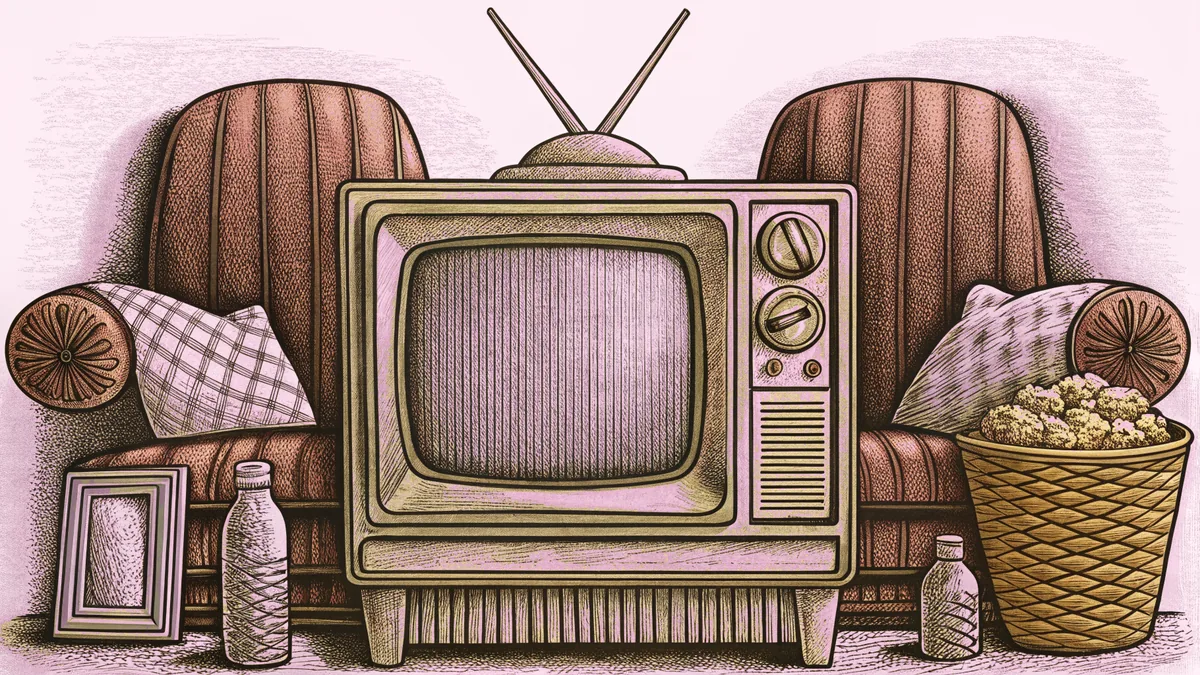 A classic TV set with rabbit ears sits next to a cozy seating arrangement with refreshments.