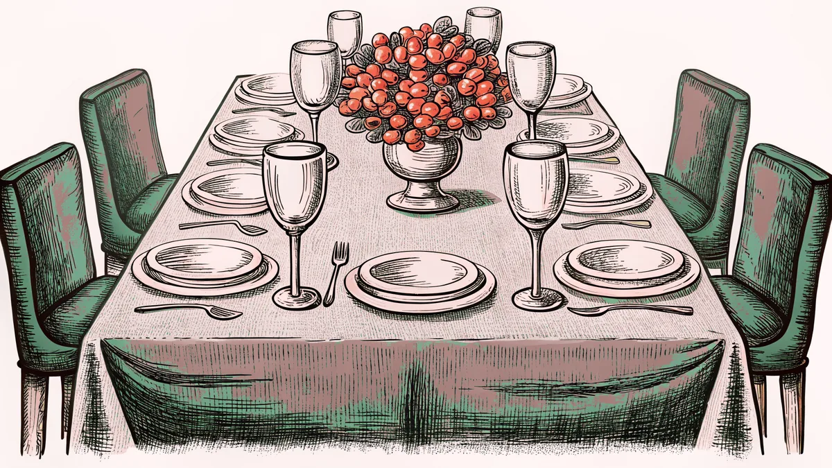 A harvest table laden with dishes, wine, and a colorful centerpiece awaits friends.