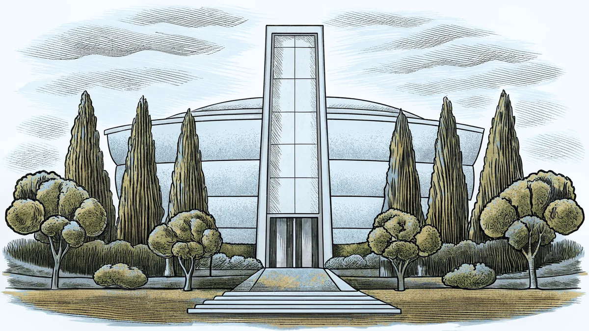 Public art and landscaped trees lead to a contemporary sports venue in an urban park.