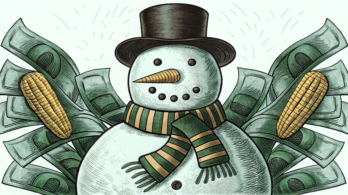 Cheerful snowman dressed in top hat and scarf with coal face and pipe smile