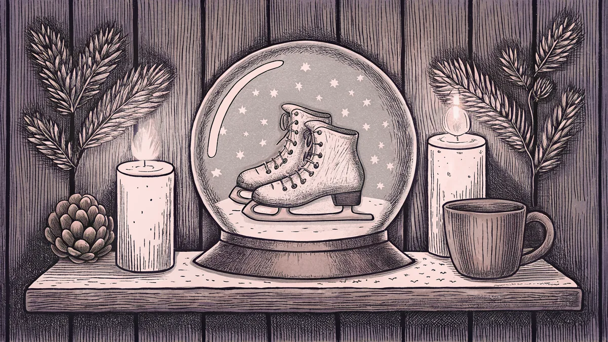 A snow globe and ice skates stand next to a warm cocoa mug with gentle candlelight.