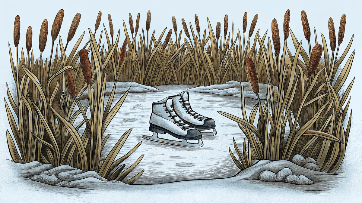 Resting on frozen pond, ice skates sit where protruding reeds break through